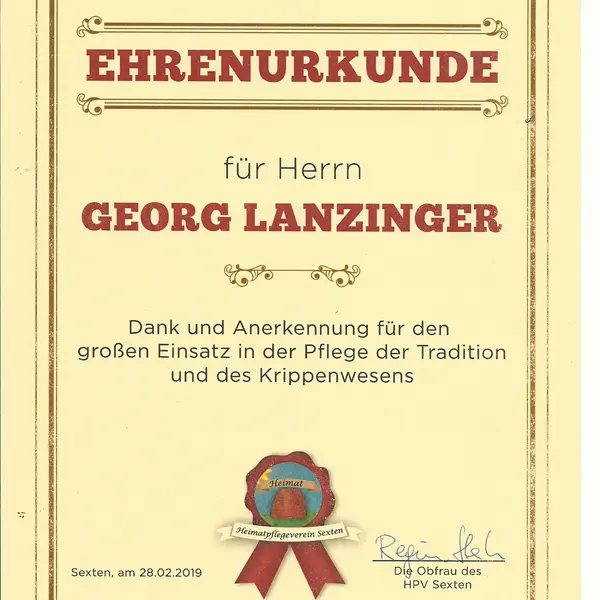 2019 Ehrenurkunde für den Künstler Jörg Lanzinger -Krippenwesen